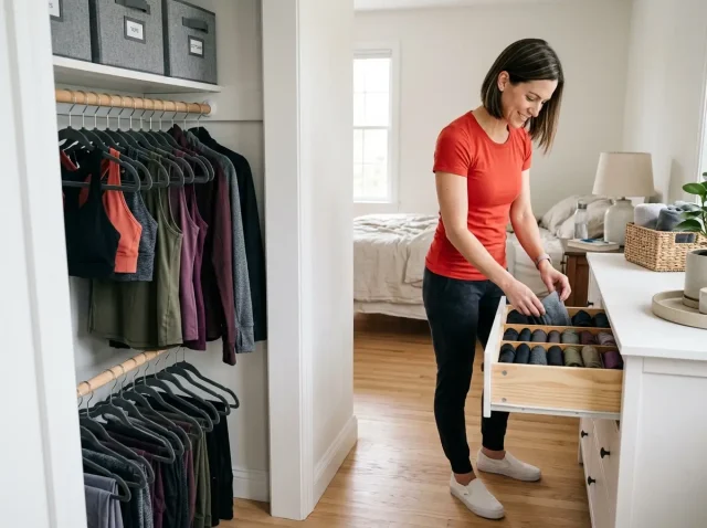 Woman organizing workout clothes in a small bedroom closet with folded leggings and hung sets