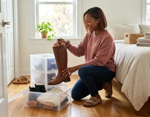 How to Store Seasonal Shoes So They Don’t Mold Woman packing winter boots into clear bins to store seasonal shoes for the off-season
