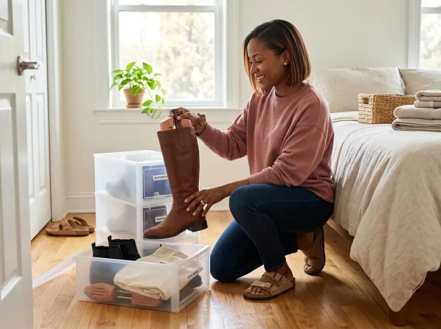 Woman packing winter boots into clear bins to store seasonal shoes for the off-season