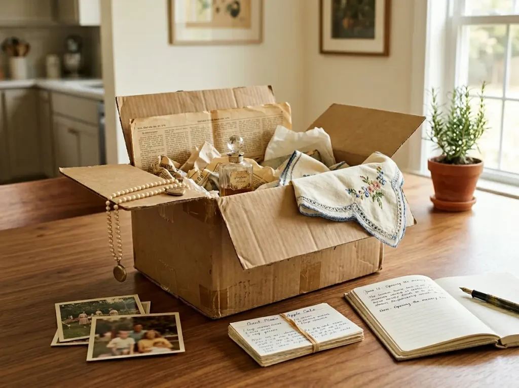 How to Declutter Sentimental Items Without the Guilt 6 Open box of inherited family heirlooms including old photos, jewelry, and handwritten letters on wooden table