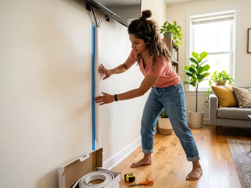 Woman pressing D-Line white cord raceway against wall below mounted TV during installation in apartment