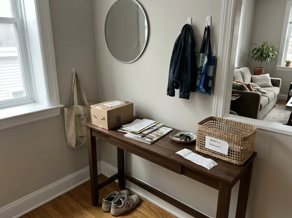 An entryway table with incoming mail and a delivery box showing where new clutter enters the home