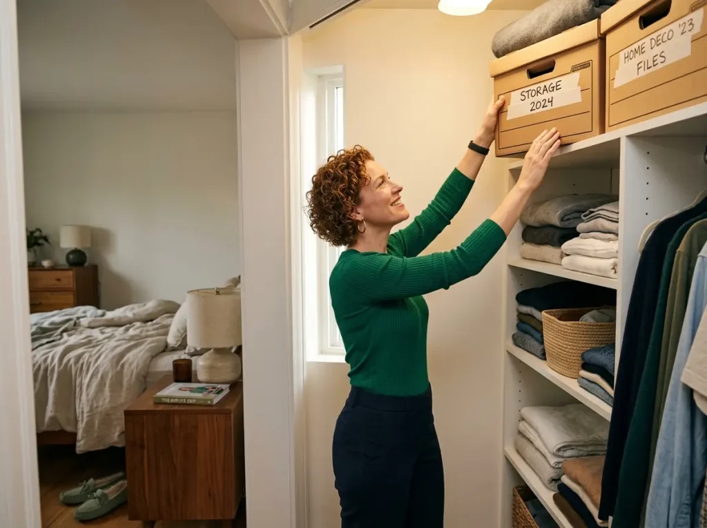 How to Declutter Sentimental Items Without the Guilt 9 German-American woman placing labeled memory box on closet shelf next to other organized keepsake containers