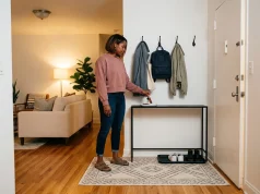 No-Drill Key and Mail Organizer Ideas for Renters South Asian American woman mounting a wood key and mail organizer on an apartment entryway wall