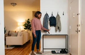 No-Drill Key and Mail Organizer Ideas for Renters South Asian American woman mounting a wood key and mail organizer on an apartment entryway wall