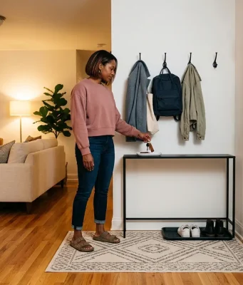 No-Drill Key and Mail Organizer Ideas for Renters South Asian American woman mounting a wood key and mail organizer on an apartment entryway wall