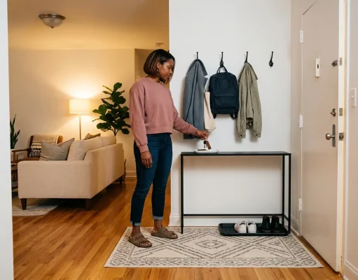 No-Drill Key and Mail Organizer Ideas for Renters South Asian American woman mounting a wood key and mail organizer on an apartment entryway wall