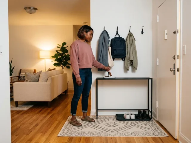 South Asian American woman mounting a wood key and mail organizer on an apartment entryway wall