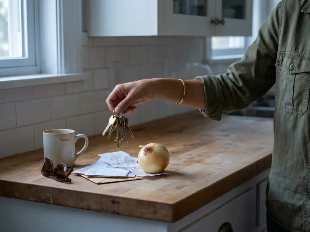 Hand setting keys and mail on a kitchen counter that is becoming a clutter landing pad