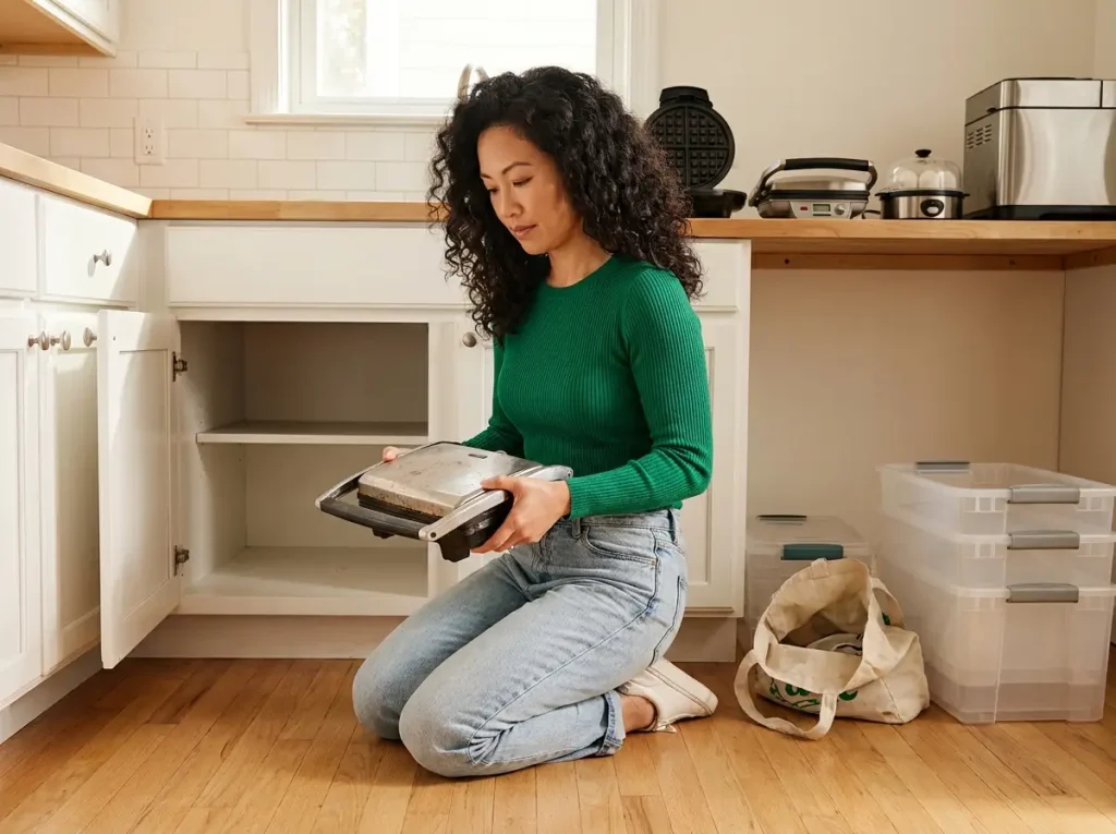 Woman doing a kitchen cabinet decant audit with single-use appliances lined up on the counter