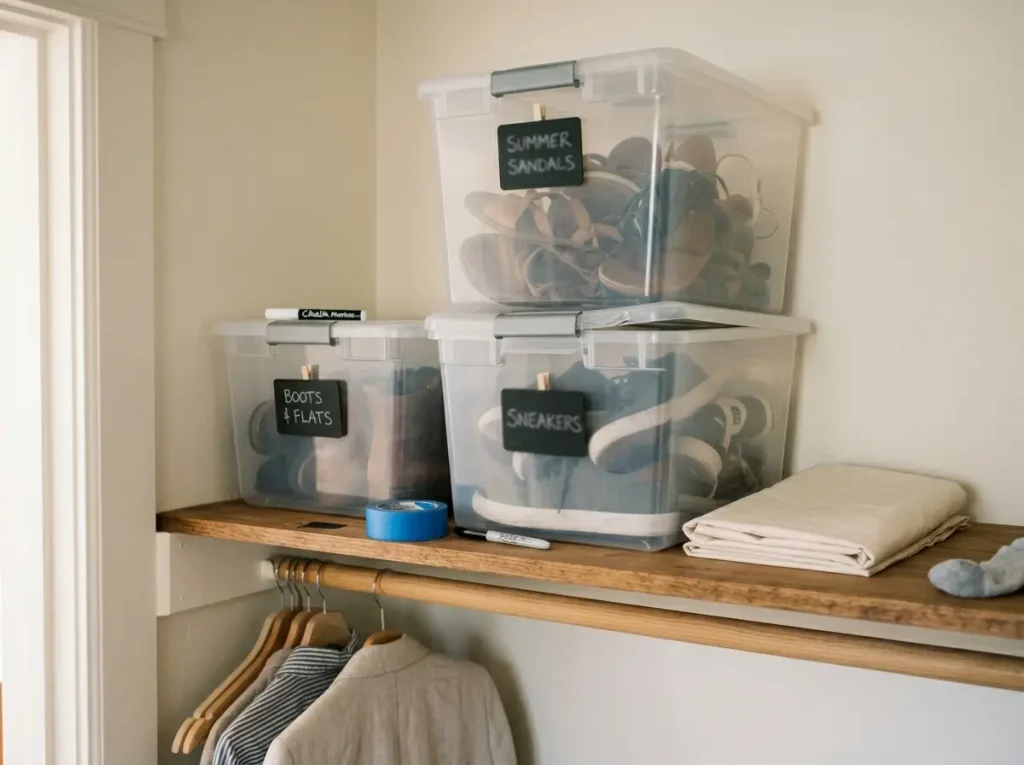 Clear labeled bins of seasonal shoes stacked on a closet top shelf so the off-season bin is easy to find