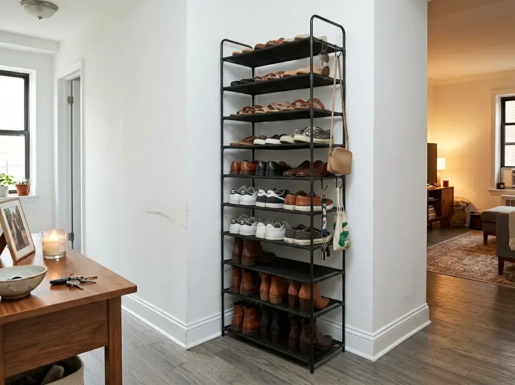 LANTEFUL 10-tier narrow shoe rack in apartment entryway corner, shoes organized by type on each tier