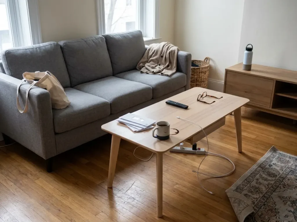 Living room coffee table showing early clutter creep with mail and a charging cable