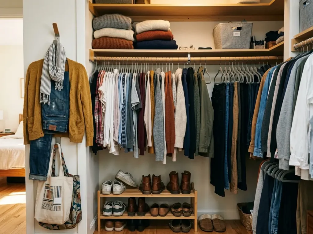 How to Organize Clothes With or Without a Closet 8 Organized closet with a valet hook holding a worn-once outfit as a chair-zone fix