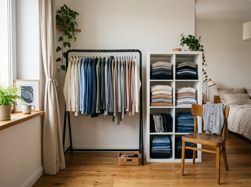 A maintained open clothing rack and cube storage keeping a no-closet wardrobe neat