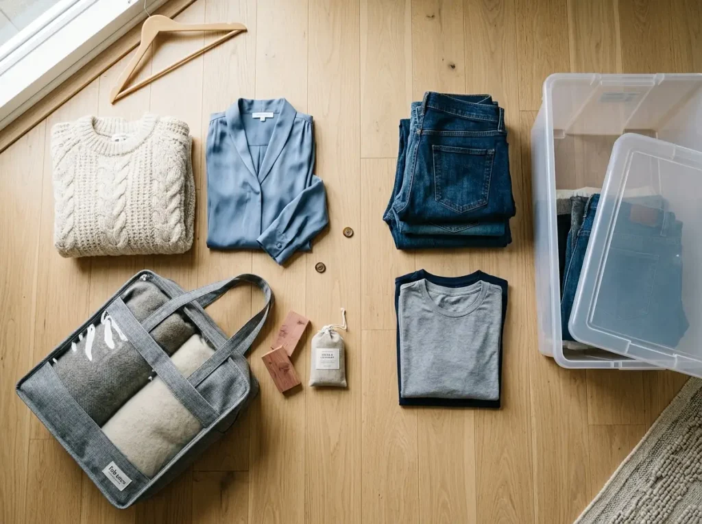 Flat lay of wool, silk, denim and cotton beside breathable and plastic containers for fabric-specific storage