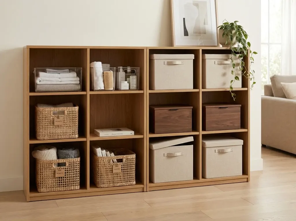 Two storage styles side by side, open clear bins versus closed lidded baskets, on the same shelf unit
