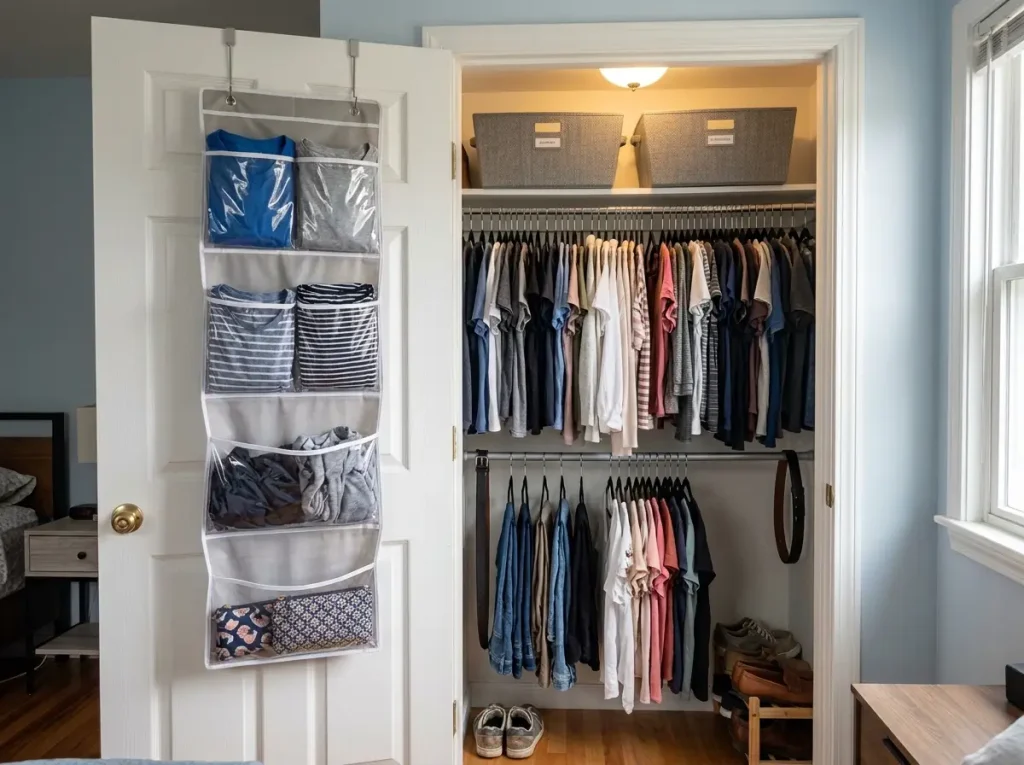 How to Organize Clothes With or Without a Closet 6 Small rental closet maximized with an over-door organizer and a second tension rod