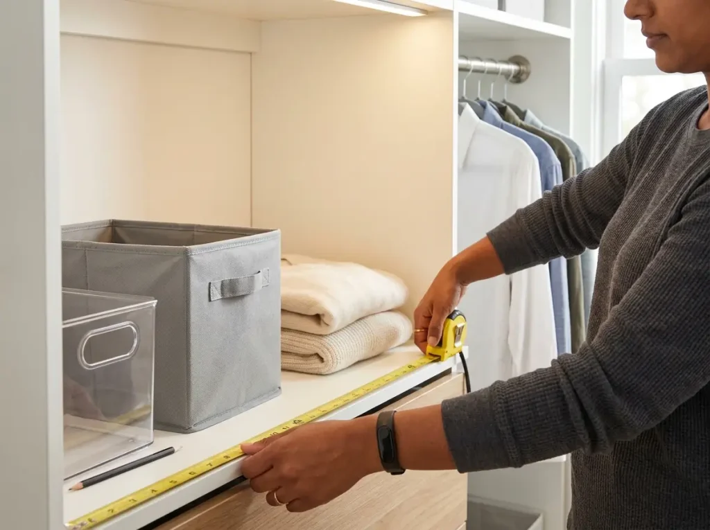 Hands measuring a closet shelf with a tape measure before placing mDesign bins, the measure-first minimalist storage step