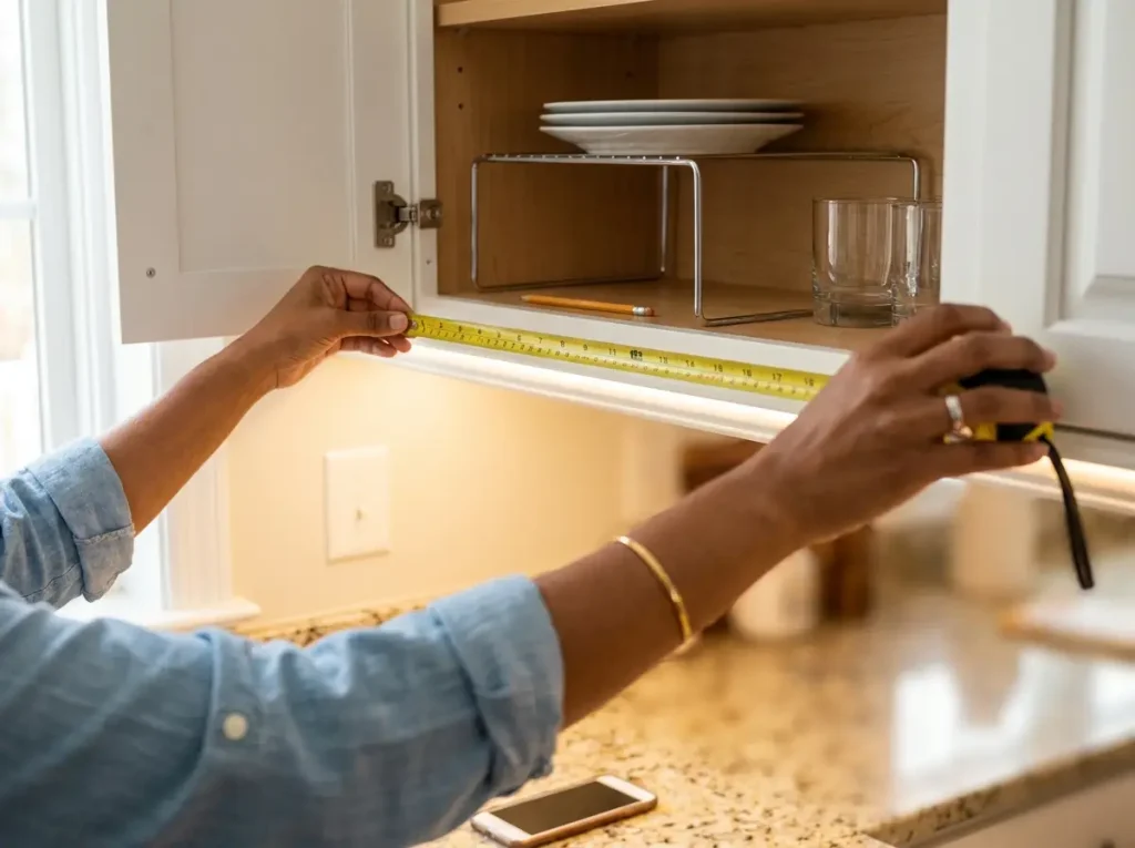 Hands measuring upper cabinet shelf depth with a tape measure beside a chrome shelf riser
