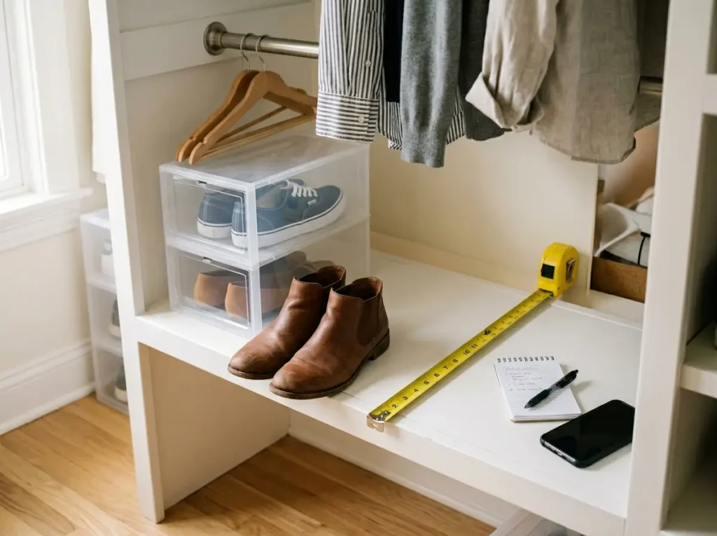 Best Shoe Organizers for Every Space and Budget 1 Tape measure across a closet shelf next to clear shoe boxes, checking depth before buying