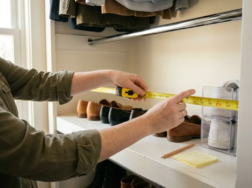 How to Organize Shoes in a Closet That Won't Pile Up Again 3 Hands measuring closet shelf depth with a tape measure beside clear shoe slot organizers