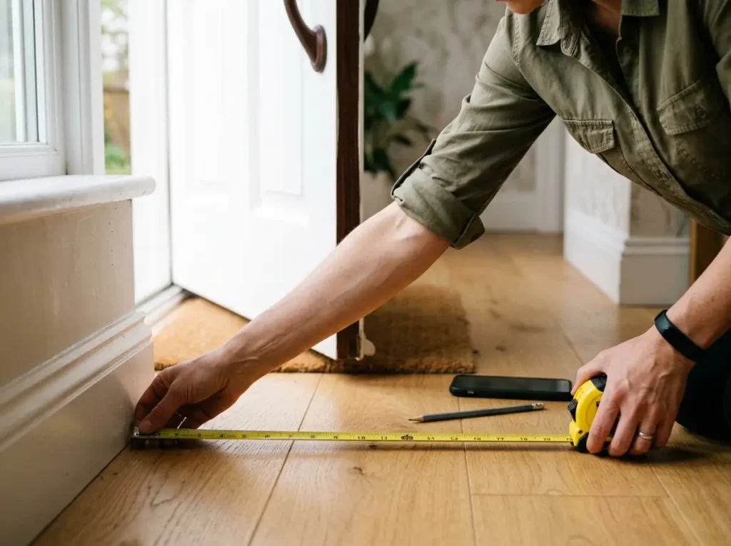 9 Entryway Shoe Storage Ideas That Stop the Pile 3 Hands holding a tape measure across the floor depth beside an open front door