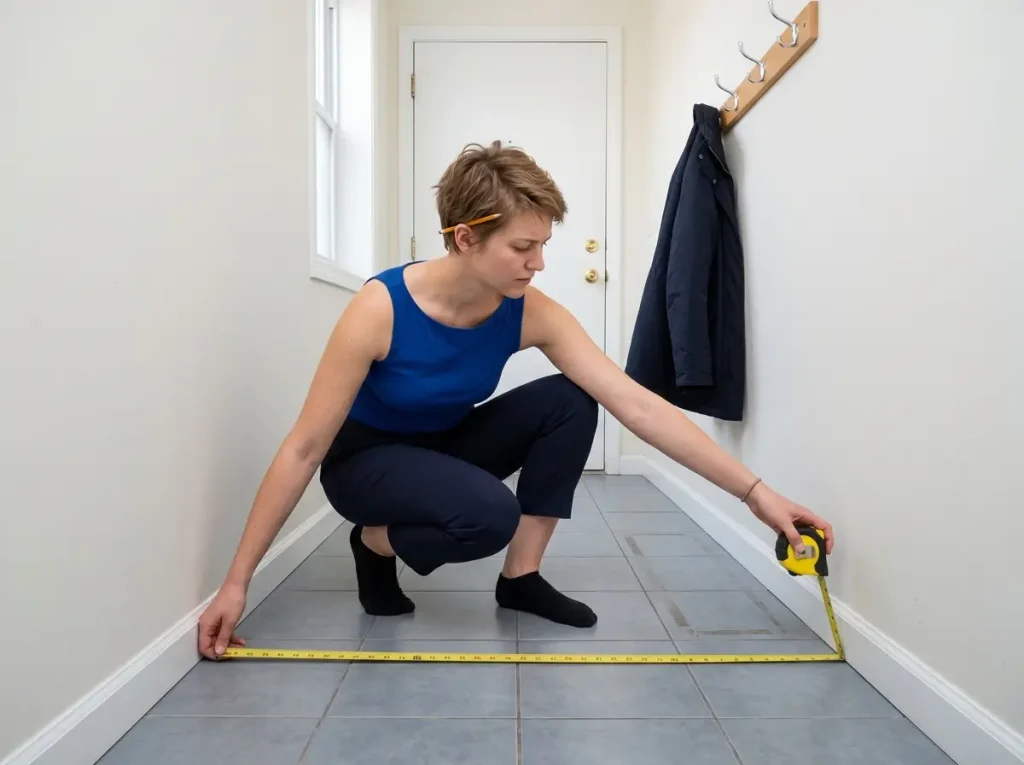 Woman measuring hallway width with tape measure before buying shoe storage, entryway planning