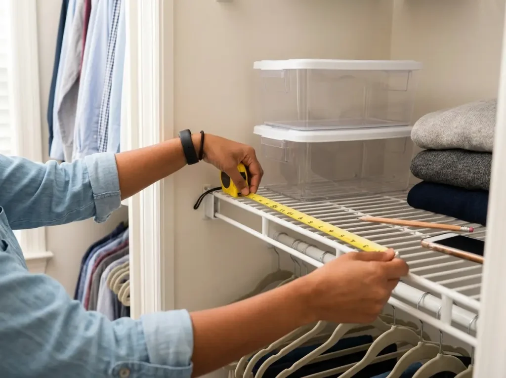Hands using a tape measure to check shelf depth before buying storage bins