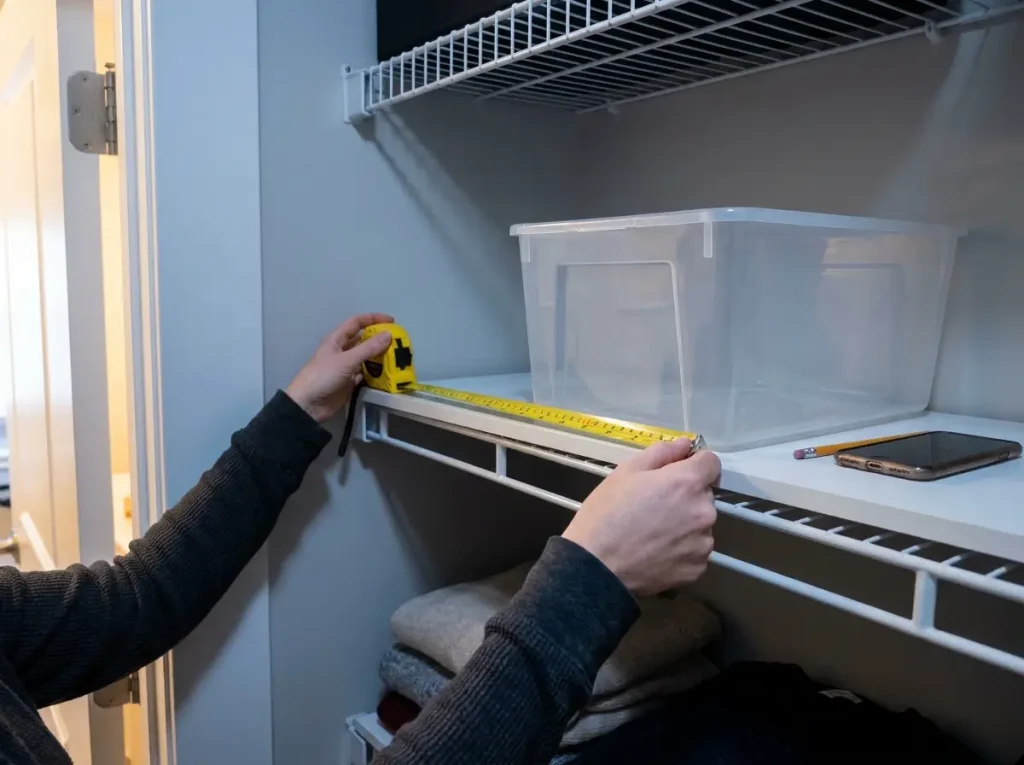 Hands measuring rental shelf depth with a tape measure as a clear bin overhangs the front edge