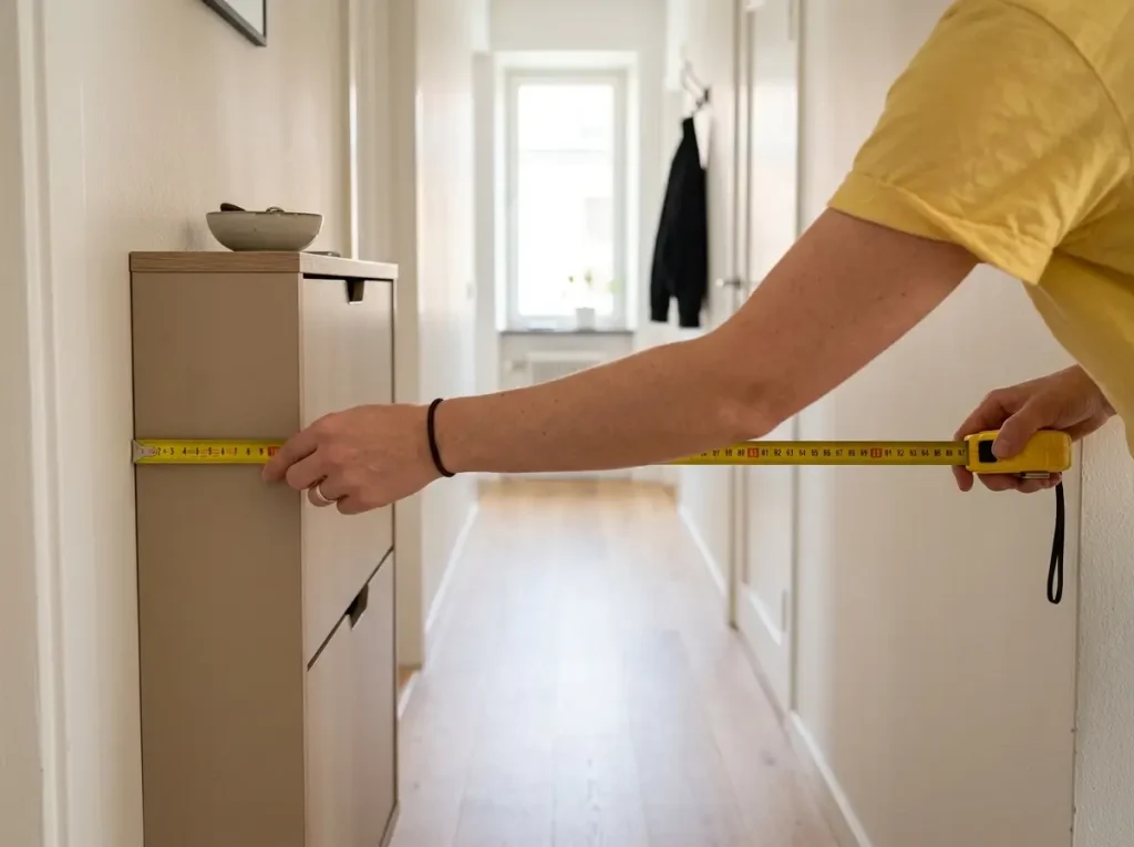 Shoe Storage Ideas for Small Spaces, Room by Room 3 Hands measuring hallway clearance with tape measure before installing slim shoe cabinet