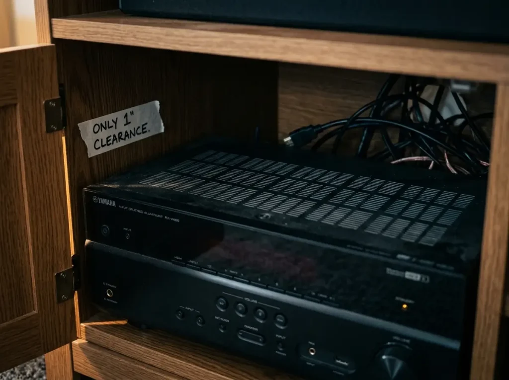 AV receiver in media console cubby with only 1 inch of clearance above and heat vents visible