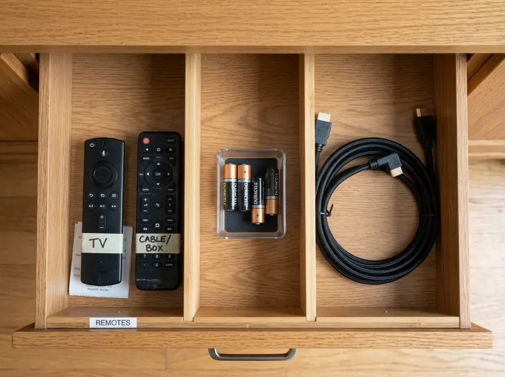 Organized media console drawer divided into three sections showing remotes, batteries, and coiled cable with bamboo dividers