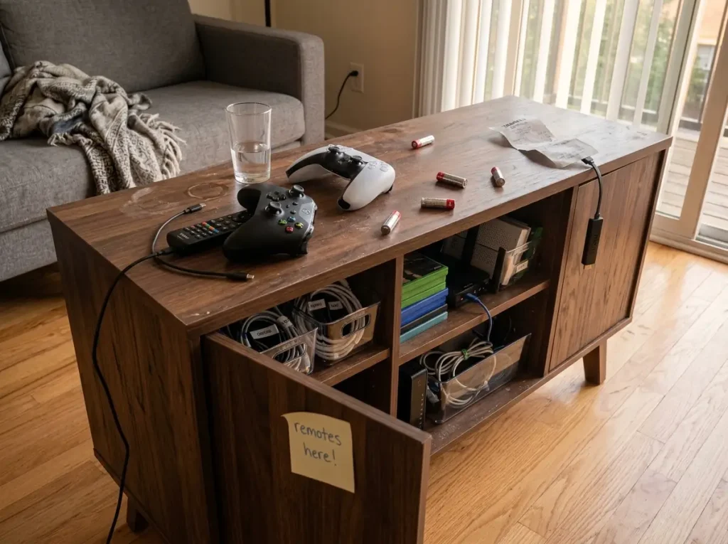 Messy media console surface with remotes, chargers, and clutter piled on top while organized interior visible below
