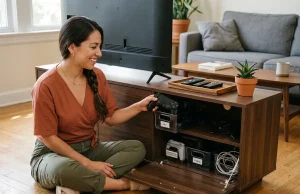Why Your Media Console Gets Messy Again (and the Fix) Latina woman in terracotta top organizing media console cubbies, bins and gaming controllers visible