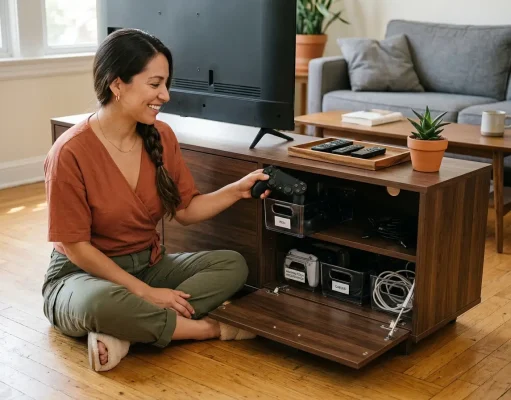 Why Your Media Console Gets Messy Again (and the Fix) Latina woman in terracotta top organizing media console cubbies, bins and gaming controllers visible