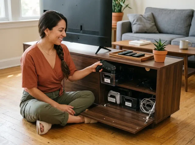 Latina woman in terracotta top organizing media console cubbies, bins and gaming controllers visible
