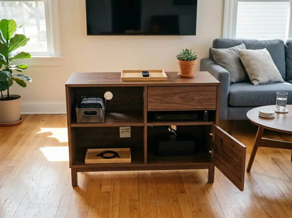 Fully organized media console in living room with wooden tray on surface, clear bins in cubbies, and intake tray on open shelf