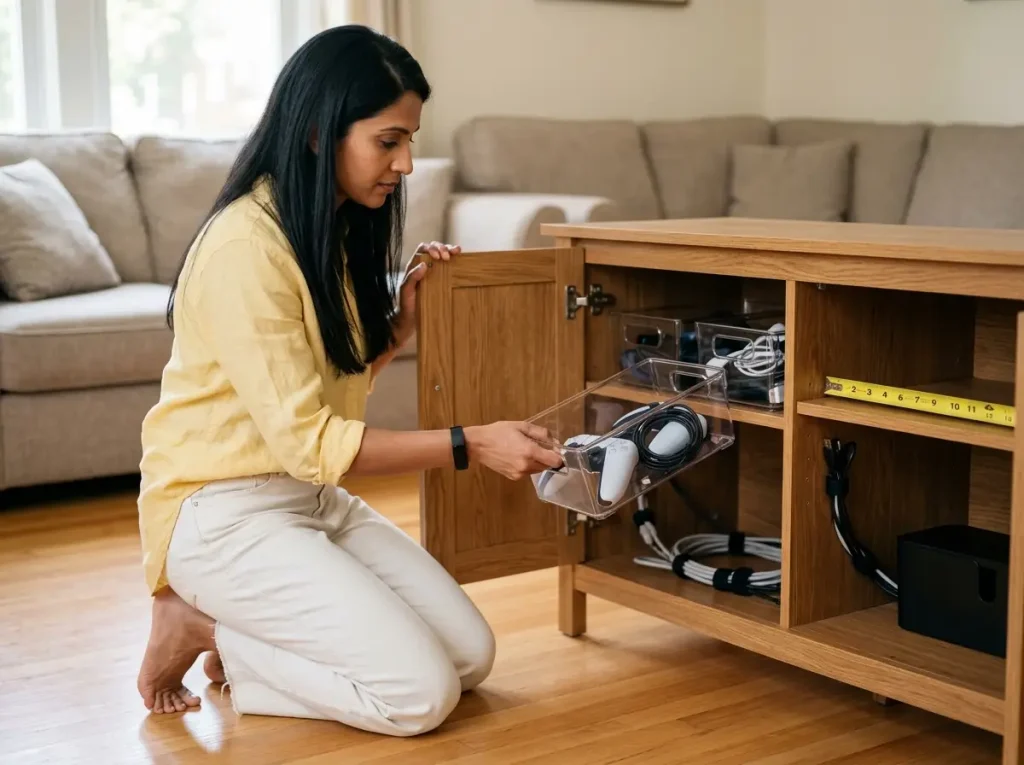South Asian American woman placing clear storage bins on media console shelf with tape measure showing 14-inch depth