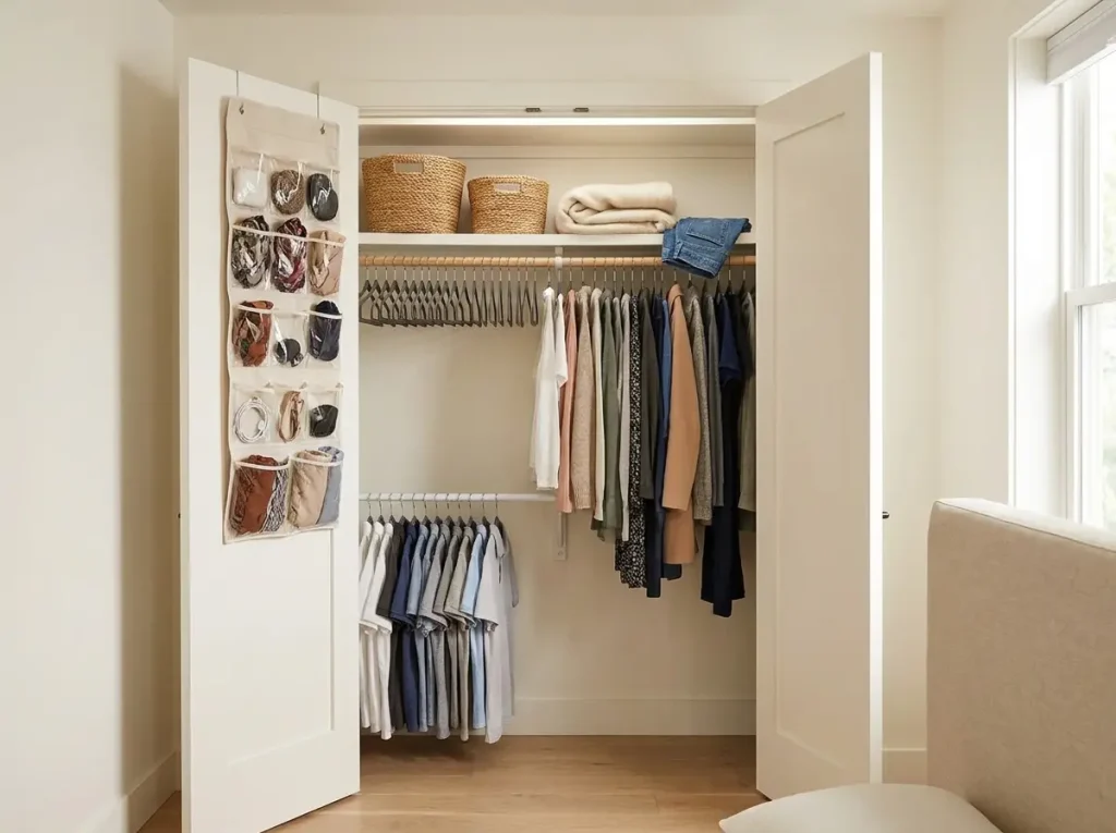 Organized reach-in closet with slim velvet hangers and a no-drill second hanging rod