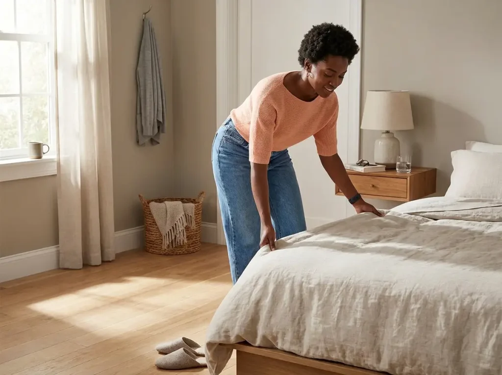 Woman doing a quick two-minute bedroom reset making the bed in a minimalist room