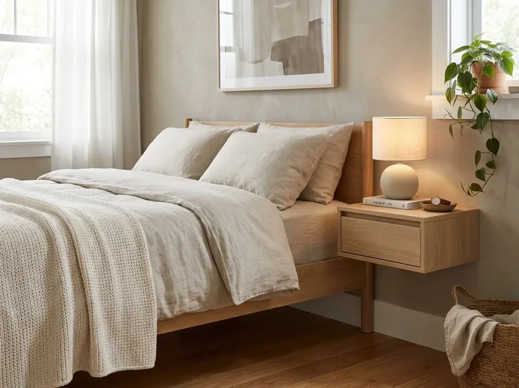 Wall-mounted floating nightstand with a lamp and book beside a bed in a neutral minimalist bedroom