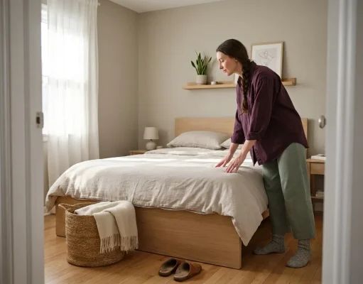 Minimalist Bedroom Still Feels Cluttered? Start Here Calm minimalist bedroom with clear surfaces, platform bed and neutral bedding in soft morning light