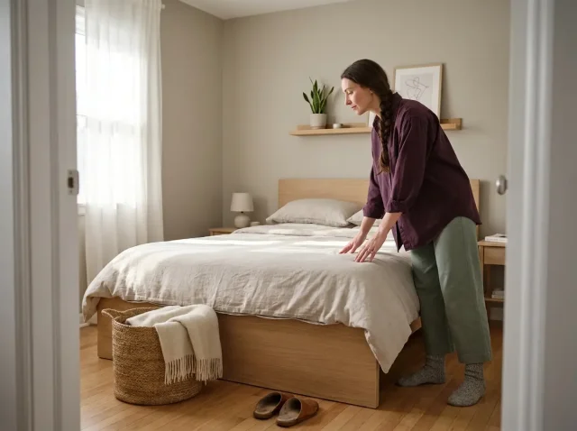 Calm minimalist bedroom with clear surfaces, platform bed and neutral bedding in soft morning light