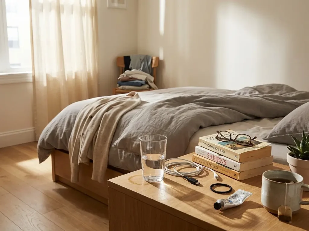 Bedroom nightstand showing surface creep with chargers, books and clutter on a small surface