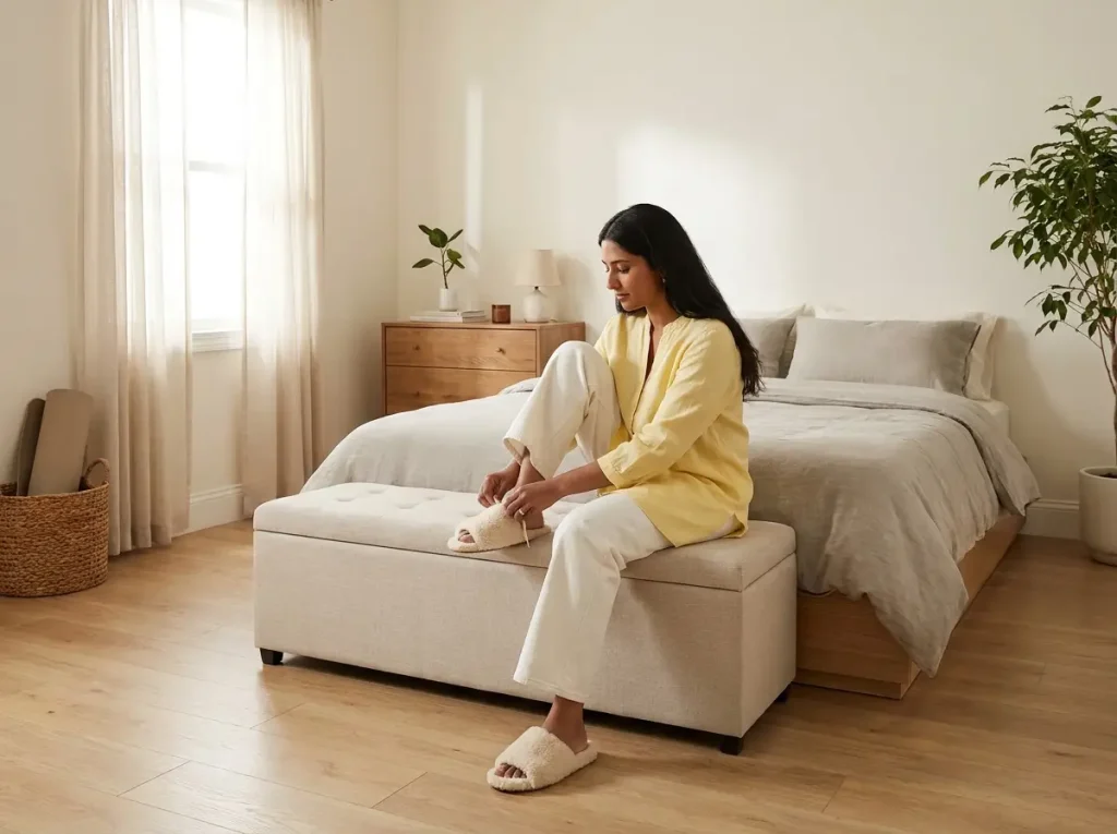 Storage ottoman bench at the foot of a bed in a minimalist bedroom with open floor space