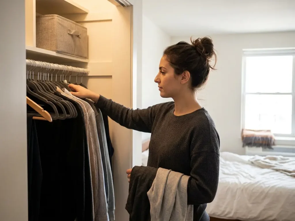 Woman editing her closet onto matching velvet hangers during a minimalist room order