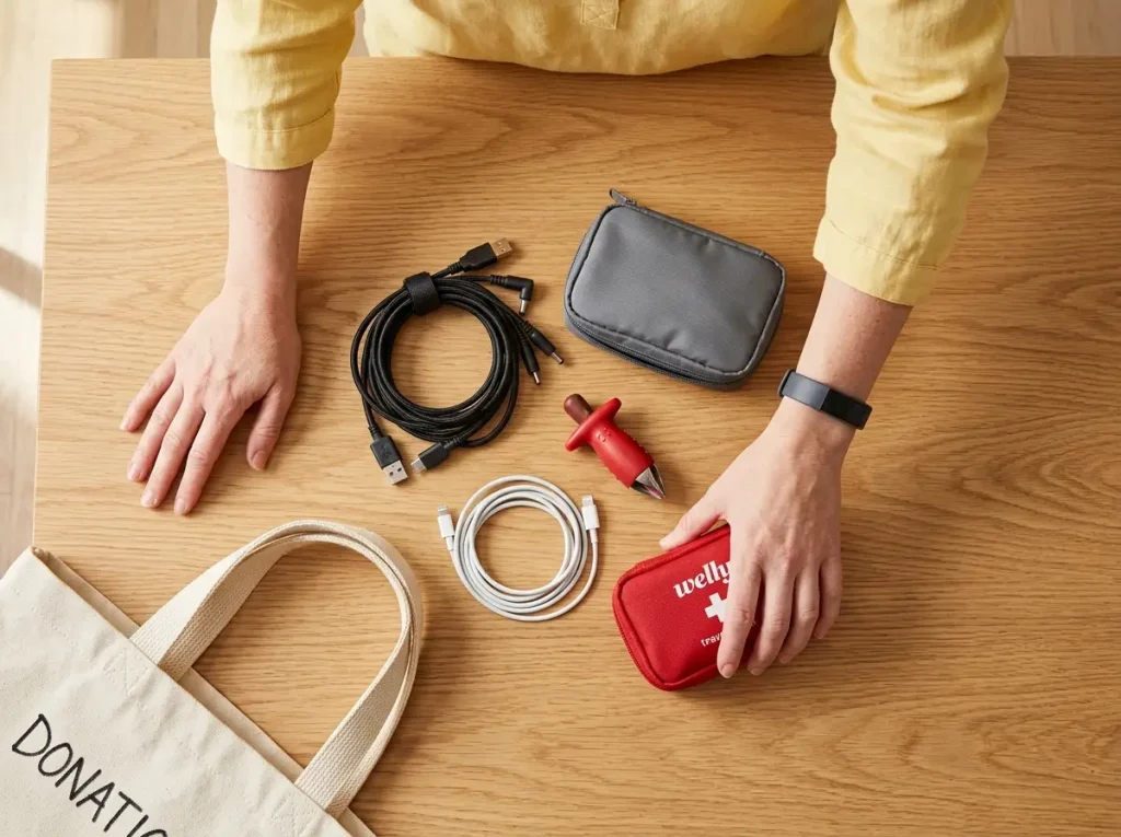 8 Minimalist Decluttering Tips That Actually Stick 3 Close-up of hands arranging just-in-case items on a light wood table — a power cord, travel kit, spare adapter, small tool