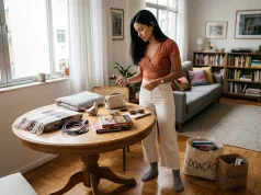 8 Minimalist Decluttering Tips That Actually Stick Brazilian woman beginning a minimalist declutter session, sorting items on a table with two bags beside her