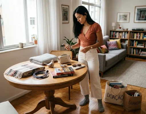 8 Minimalist Decluttering Tips That Actually Stick Brazilian woman beginning a minimalist declutter session, sorting items on a table with two bags beside her